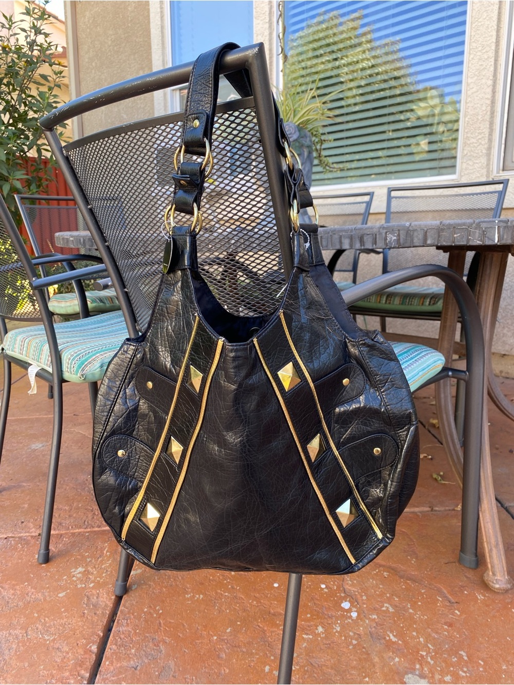 Black Stud-Detail Hobo Tote Shoulder Bag